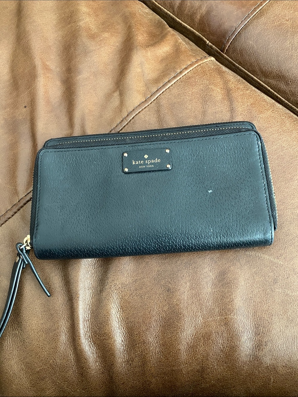 kate spade Black Leather Zip-Around Wristlet Wallet with Gold Plate